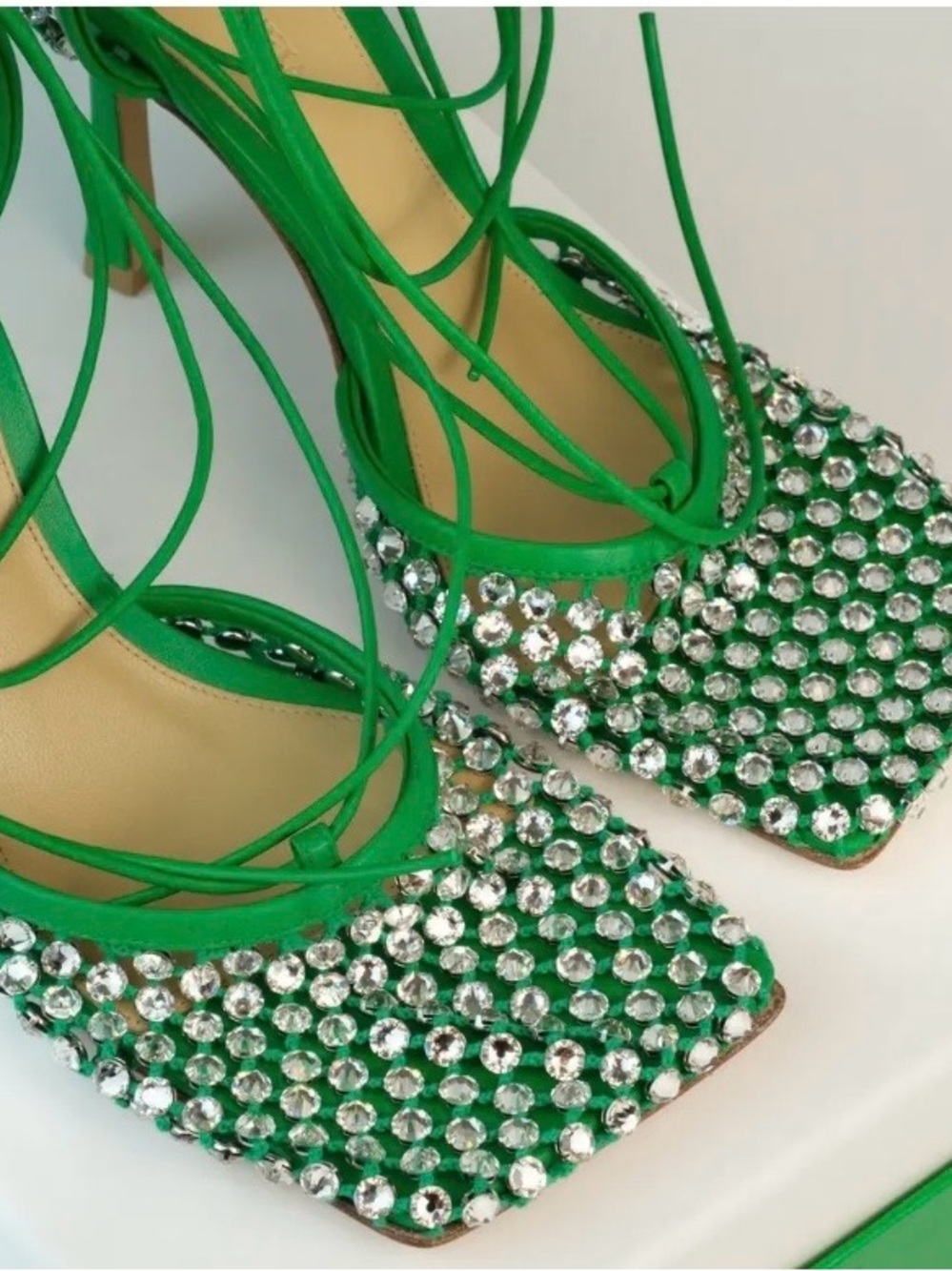 Bottega Veneta Green Crystal-Embellished Strappy Heels - Picture 3 of 10
